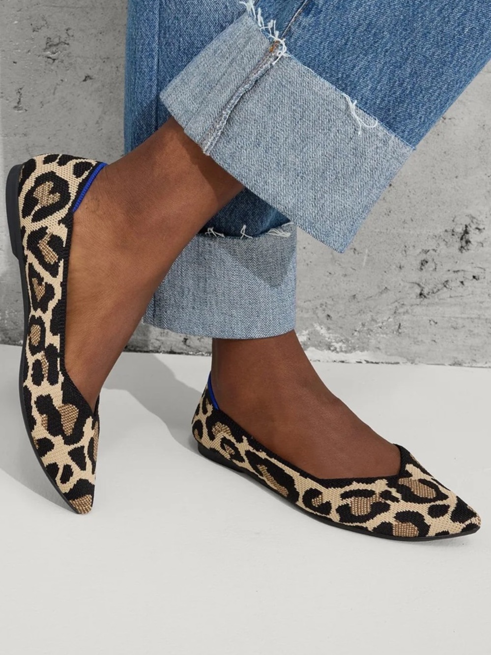 Rothy's The Point II Desert Cat Print Pointed Flats in Beige, Black & Blue